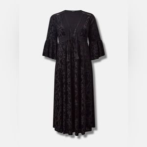 Torrid Maxi Burnout Velvet Lace Up Bell Sleeve Dress